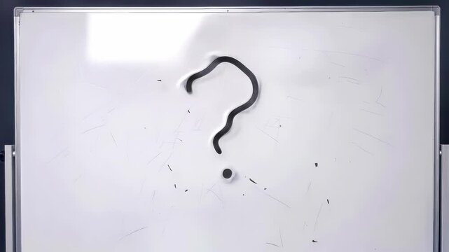 Question mark morphing and vibrating on white office board. Conceptual animation of uncertainty and problem solving. Lockdown shot.
