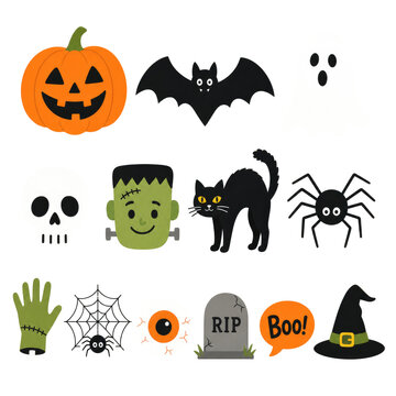 Cartoon Halloween icons illustration, pumpkin and bat. Spooky cat, ghost, tombstone, hat set isolated PNG with Transparent Background