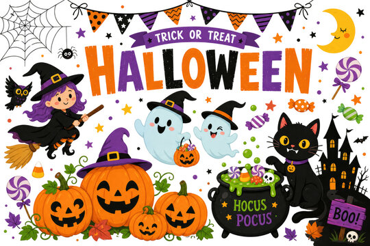Cute Halloween illustration, trick or treat cartoon posters, spooky witch ghost cat pumpkin art isolated PNG with Transparent Background