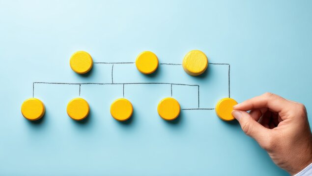 Hand connecting a yellow circle to an organizational chart hierarchy with hierarchy organization business structure strategy management teamwork corporate planning connection