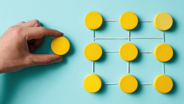 Hand placing a yellow circle into a network organization structure with organization structure business management hierarchy strategy teamwork corporate planning connection solution