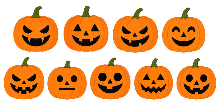 Cute cartoon Halloween pumpkin faces illustration, orange jack-o-lantern set for autumn design isolated PNG with Transparent Background
