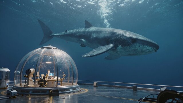 Underwater Research Facility with Giant Whale in Futuristic Setting