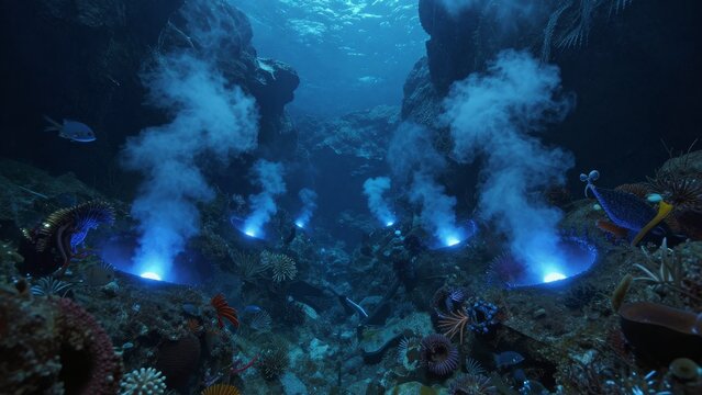 Underwater Scene with Deep Sea Vents and Vibrant Marine Life