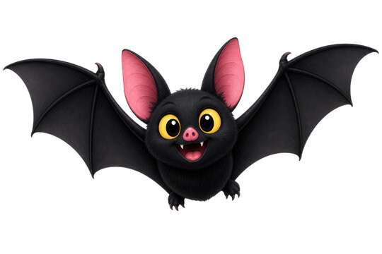 Cute cartoon bat illustration, black bat with pink ears, kawaii flying bat mascot for Halloween isolated PNG with Transparent Background