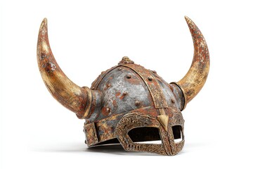 Fototapeta premium A weathered, horned helmet, reminiscent of Viking warriors, stands as a symbol of ancient combat and historical prowess.