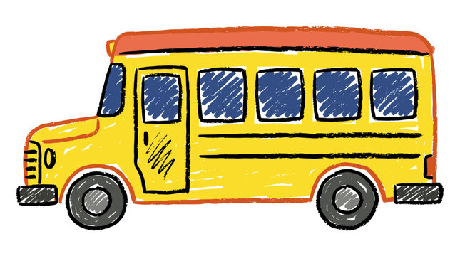 Simple yellow school bus vector illustration with colored pencil texture on white surface