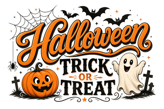 Halloween Trick or Treat typography illustration, orange pumpkin, bats and cute ghost design isolated PNG with Transparent Background