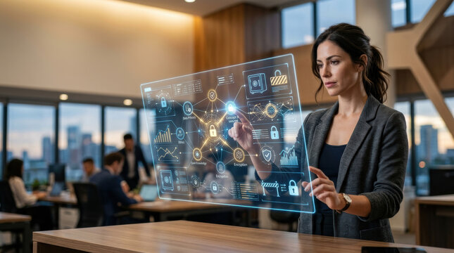 Ai agent cybersecurity interface woman office