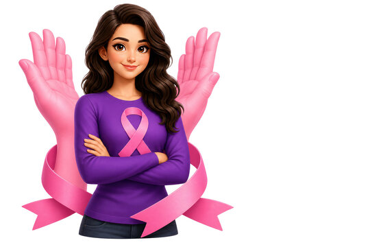 Breast cancer awareness illustration, woman with pink ribbon, pink gloves and bow for healthcare campaigns isolated PNG with Transparent Background