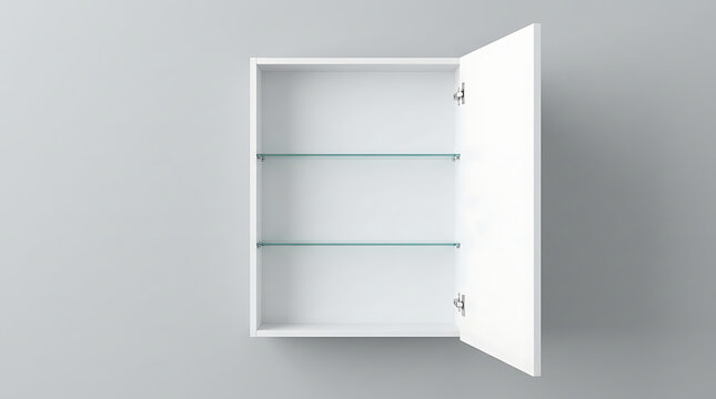 Modern white bathroom cabinet with open door and glass shelves on a clean gray wall