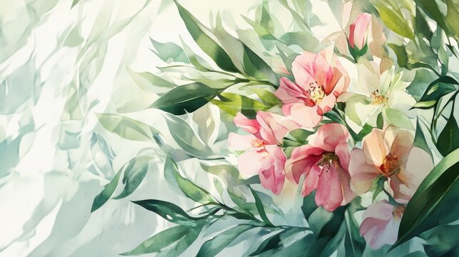 Soft Watercolor Painting of Pink Flowers and Green Foliage