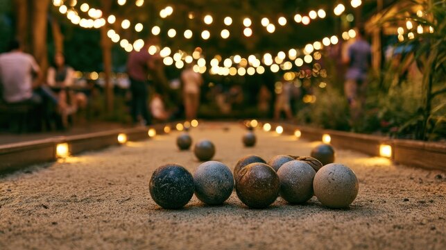 Outdoor game balls on sand court illuminated by string lights