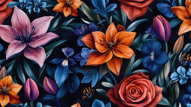Dark Floral Pattern with Vibrant Lilies and Roses