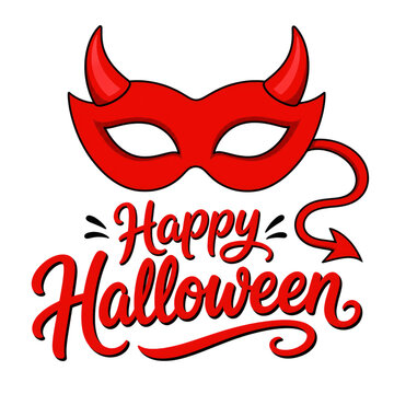 Red Halloween devil mask illustration, Happy Halloween typography calligraphy, holiday greeting design isolated PNG with Transparent Background