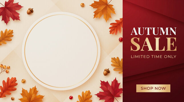 Autumn sale promotional banner with fall leaves and empty round frame, seasonal