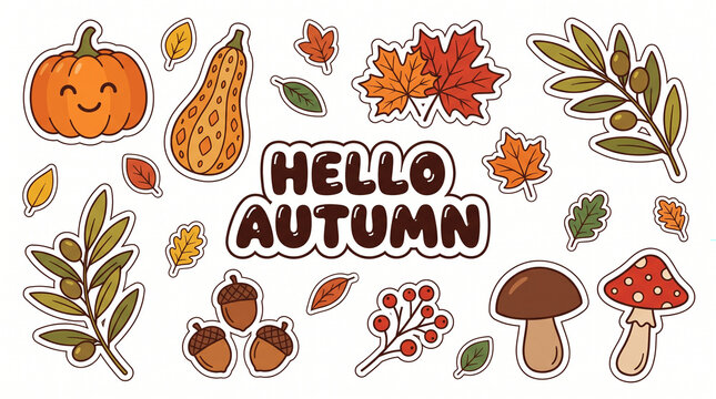 Set of cute autumn stickers with leaves pumpkins and forest elements, stickers