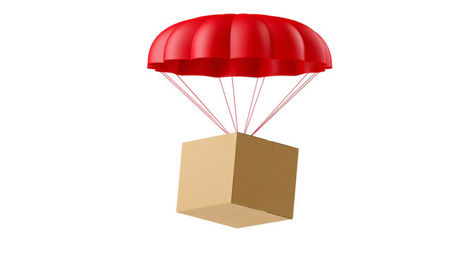 Brown cardboard box suspended by red parachute, isolated on transparent background