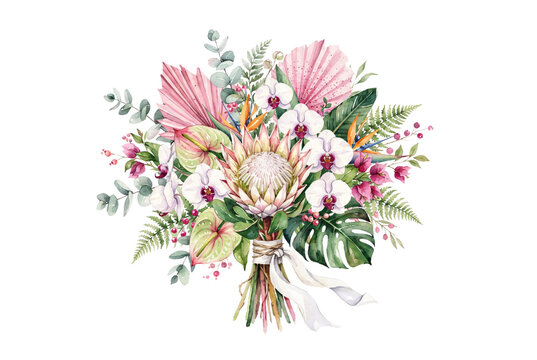 Watercolor floral bouquet featuring king protea, white orchids, pink palm spears, and lush tropical greenery tied with a white ribbon.