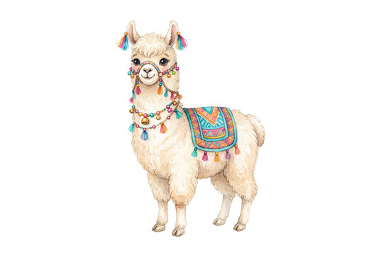 Cute watercolor llama illustration wearing colorful Peruvian tassel decorations, pom-poms, and a patterned saddle.