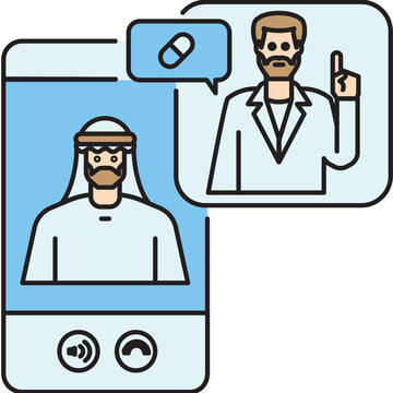 A male doctor provides advice on medication to an Arab patient via smart phone