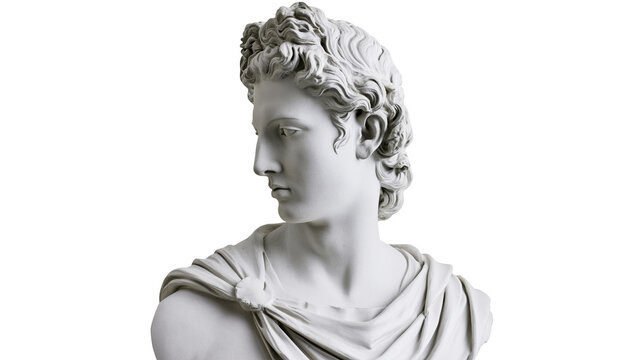 Marble bust of Apollo with curly hair and draped clothing, isolated on transparent background