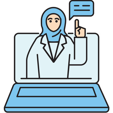 An Arab female doctor provides medical advice via a laptop