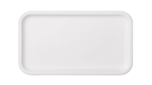 Plain white rectangular serving tray with rounded corners, isolated on transparent background