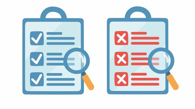 Approved and rejected clipboards comparison with checkmarks, cross marks, and magnifying glass cartoon animation for a business task checklist icon and document validation isolated on an alpha channel