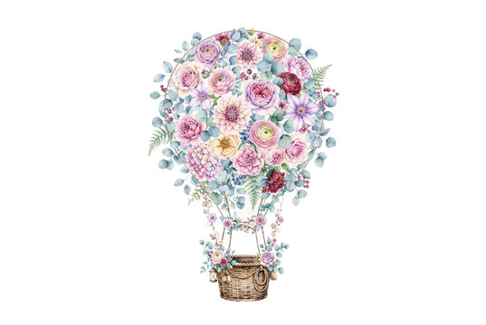 Whimsical watercolor hot air balloon created with pastel flowers, greenery, and hanging woven basket, ideal for nursery wall art, baby shower, and romantic wedding decor.