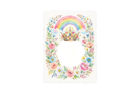 Watercolor floral wreath card frame featuring a golden crown, rainbow, pastel flowers, leaves, and berries, ideal for princess birthday, invitation templates, or nursery art.