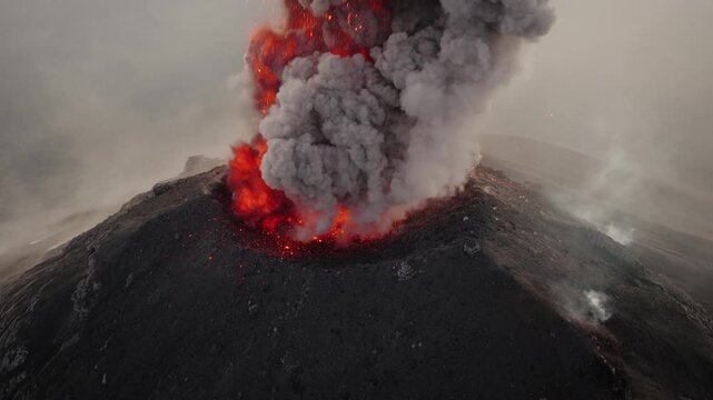 Drone View Of Fuego Volcano Crater Erupting Lava 4K
