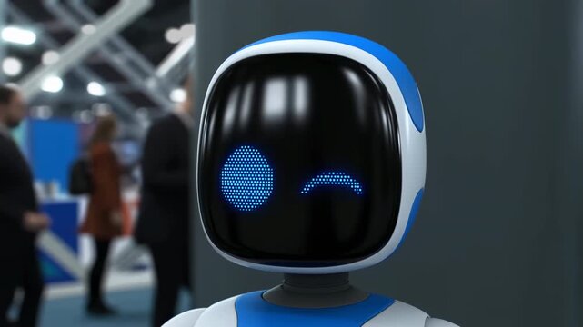 Friendly service robot at indoor expo switching glowing LED face from smile to wink in eye level close up with glossy black shell, modern design, soft light, blurred crowd