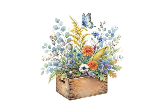Rustic watercolor botanical bouquet in a wooden crate featuring blue butterflies, eucalyptus leaves, corn cob, dahlias, wildflowers, and poppies for autumn and fall decor.