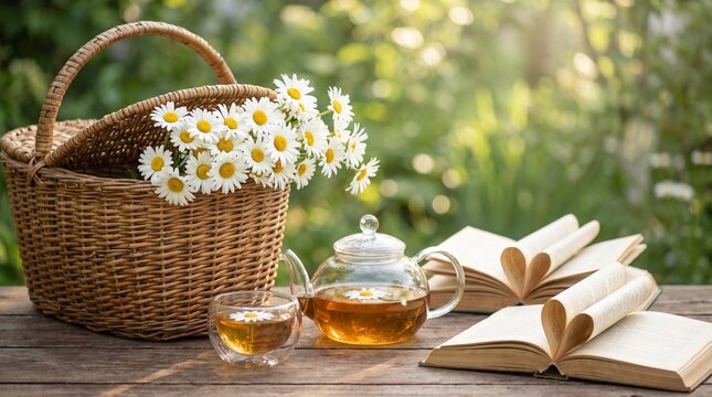 Wicker basket with chamomile flowers and two open books on wooden table