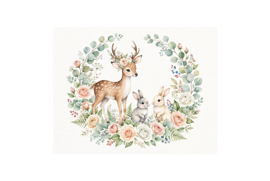 Charming watercolor woodland illustration with cute baby deer fawn, two bunnies, floral wreath frame, eucalyptus leaves, and roses for nursery art.