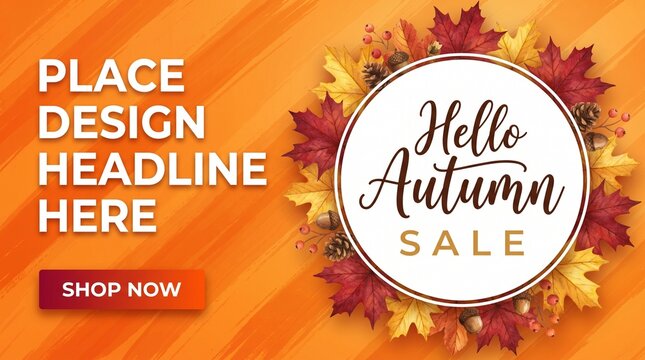 Hello autumn sale banner with place for text and shop now button, discount