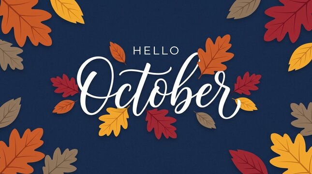 Hello october lettering with colorful autumn leaves on dark blue background