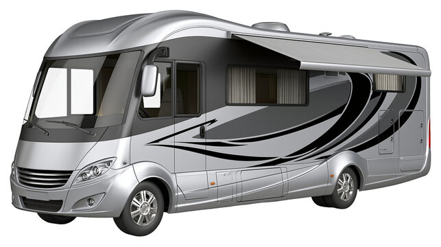 Modern silver motorhome with black graphic accents awning extended, isolated on transparent background