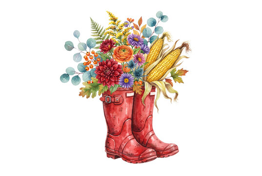 Vibrant watercolor red rain boots filled with a rich autumn harvest arrangement including corn cobs, dahlias, berries, and eucalyptus leaves.
