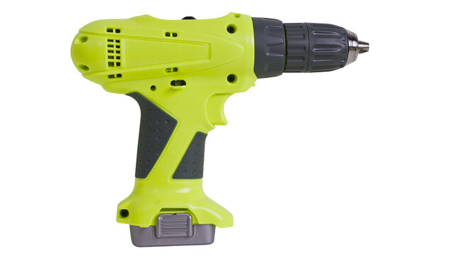 Bright yellow cordless power drill with dark gray grip, isolated on transparent background