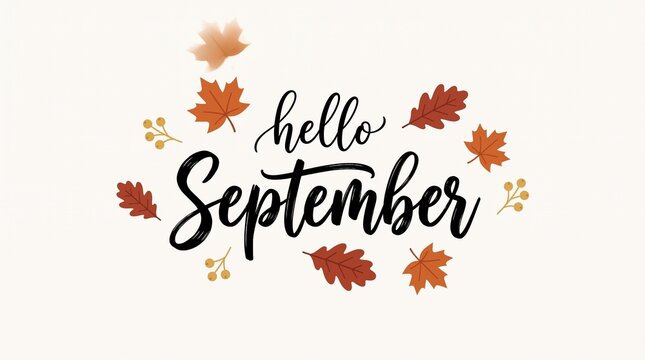 Hello september seasonal greeting card with autumn leaves and white background