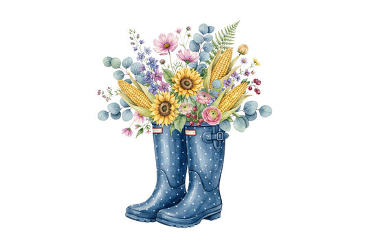 Charming watercolor polka dot blue rain boots holding a cheerful harvest bouquet of sunflowers, corn cobs, cosmos, and eucalyptus leaves.