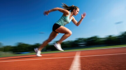 Obraz premium Running track athlete sprinting with dynamic motion blur against a vibrant blue sky