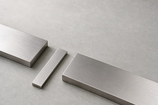 Three polished rectangular metal bars aligned on a textured concrete surface with rectangles industrial material metallic surfaces concrete background alignment construction components