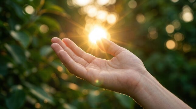 Warm sun light in nature being touched by a person's hand in a spiritual light healing energy concept