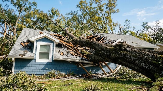 A hurricane in Florida causing a big tree to fall down on a house roof as part of natural disaster consequences.
