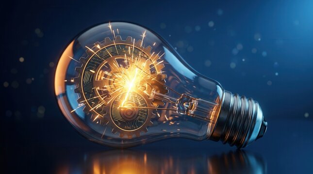 Creative ideas and innovation concept depicted by a glowing lightbulb and sparking mechanical gears