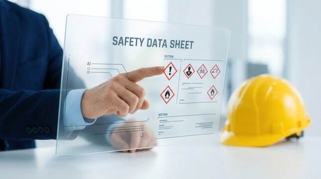 Transparent display showing a Safety Data Sheet (SDS) review with a hand pointing at hazard symbols and a hard hat nearby.