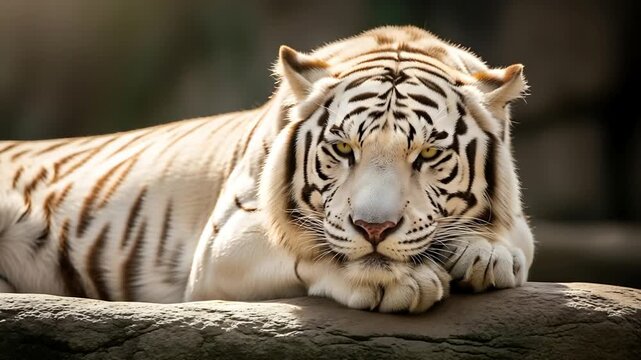 Majestic White Tiger Resting on Rock Intense Gaze Wildlife Beauty